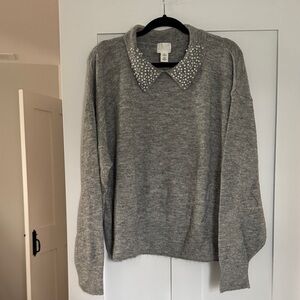 H&M Gray Sweater with Embellished Pearl Collar